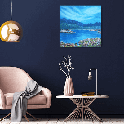 Serenity – lake painting on canvas, 50×50 cm