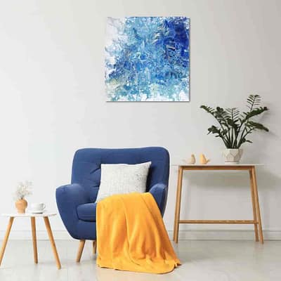 Golden lines – original abstract blue painting, 50×50 cm