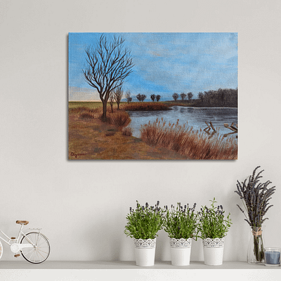 Autumn walk near fish pond – original landscape artwork on canvas, 40x30cm