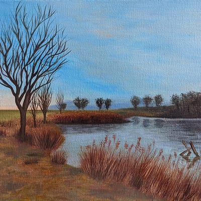 Autumn walk near fish pond – original landscape artwork on canvas, 40x30cm
