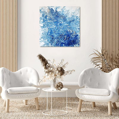Golden lines – original abstract blue painting, 50×50 cm