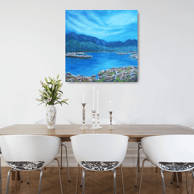 Serenity – lake painting on canvas, 50×50 cm