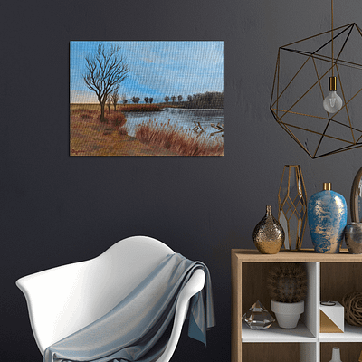 Autumn walk near fish pond – original landscape artwork on canvas, 40x30cm