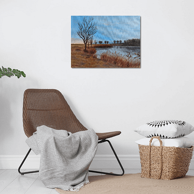 Autumn walk near fish pond – original landscape artwork on canvas, 40x30cm
