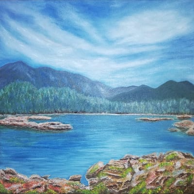 Serenity – lake painting on canvas, 50×50 cm