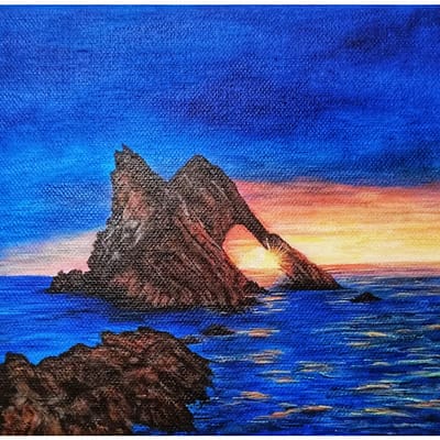 Sunset behind rocks – original oil seascape