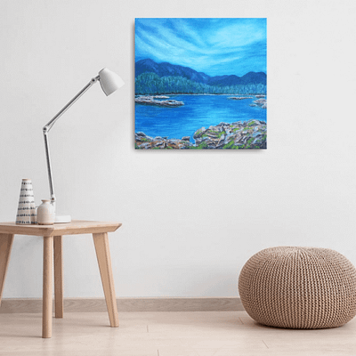 Serenity – lake painting on canvas, 50×50 cm