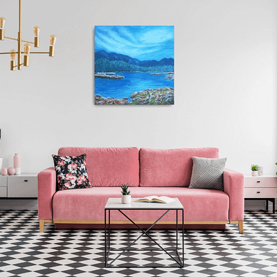 Serenity – lake painting on canvas, 50×50 cm