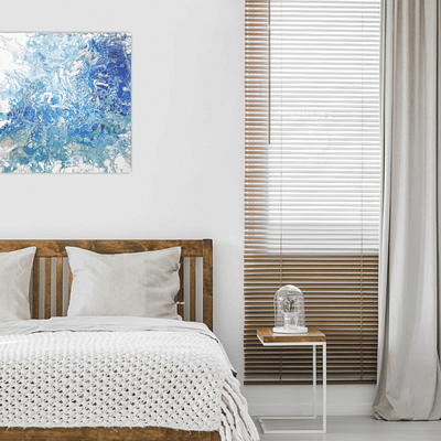 Golden lines – original abstract blue painting, 50×50 cm