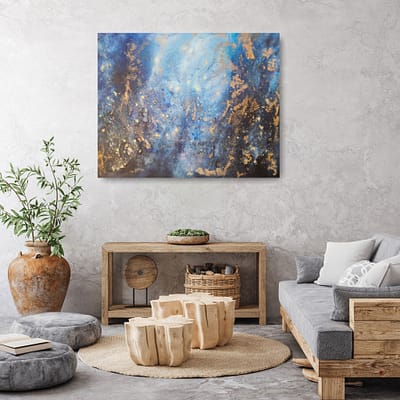 Silence Beneath the Surface – blue and gold abstract painting, 120x100cm