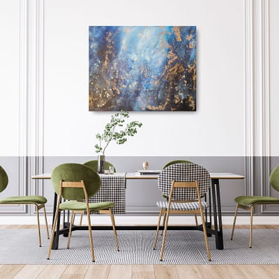 Silence Beneath the Surface – blue and gold abstract painting, 120x100cm