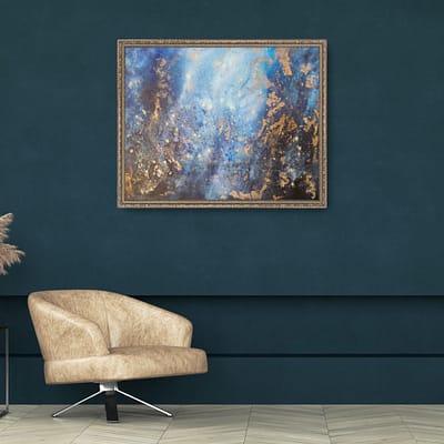Silence Beneath the Surface – blue and gold abstract painting, 120x100cm