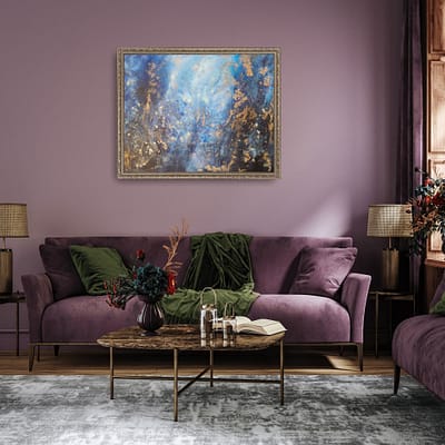 Silence Beneath the Surface – blue and gold abstract painting, 120x100cm