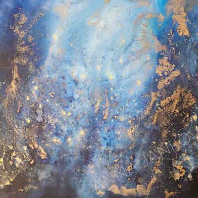 Silence Beneath the Surface – blue and gold abstract painting, 120x100cm